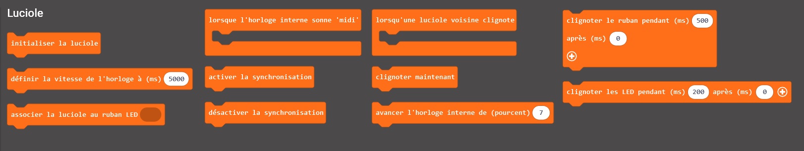 Capture d'écran de 11 blocs Scratch du module personnalisé Luciole