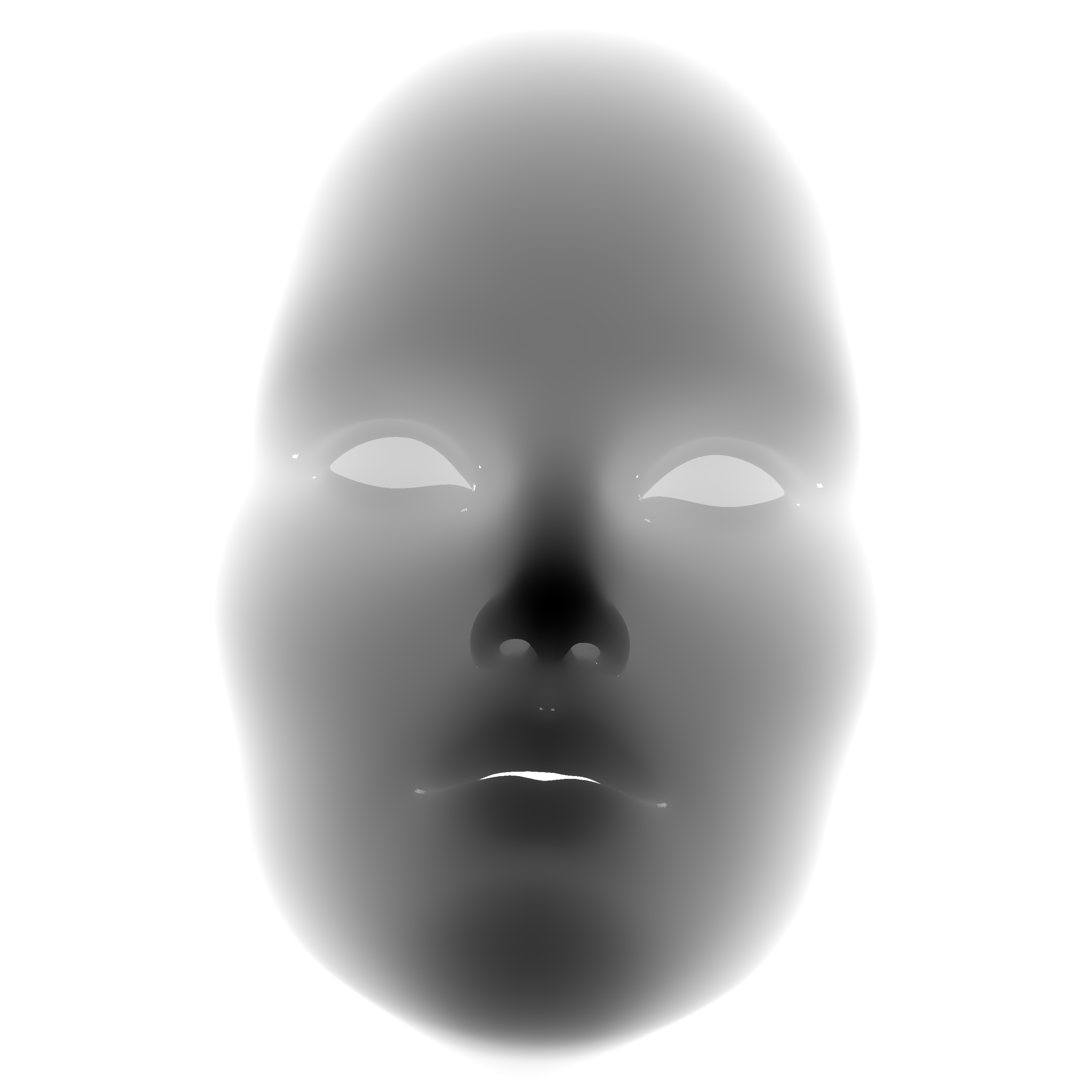 Image en nuances de gris d'un visage, le fond de l'image est blanc, le nez est noir, les nuances de gris indiquent la profondeur de l'objet 3D.