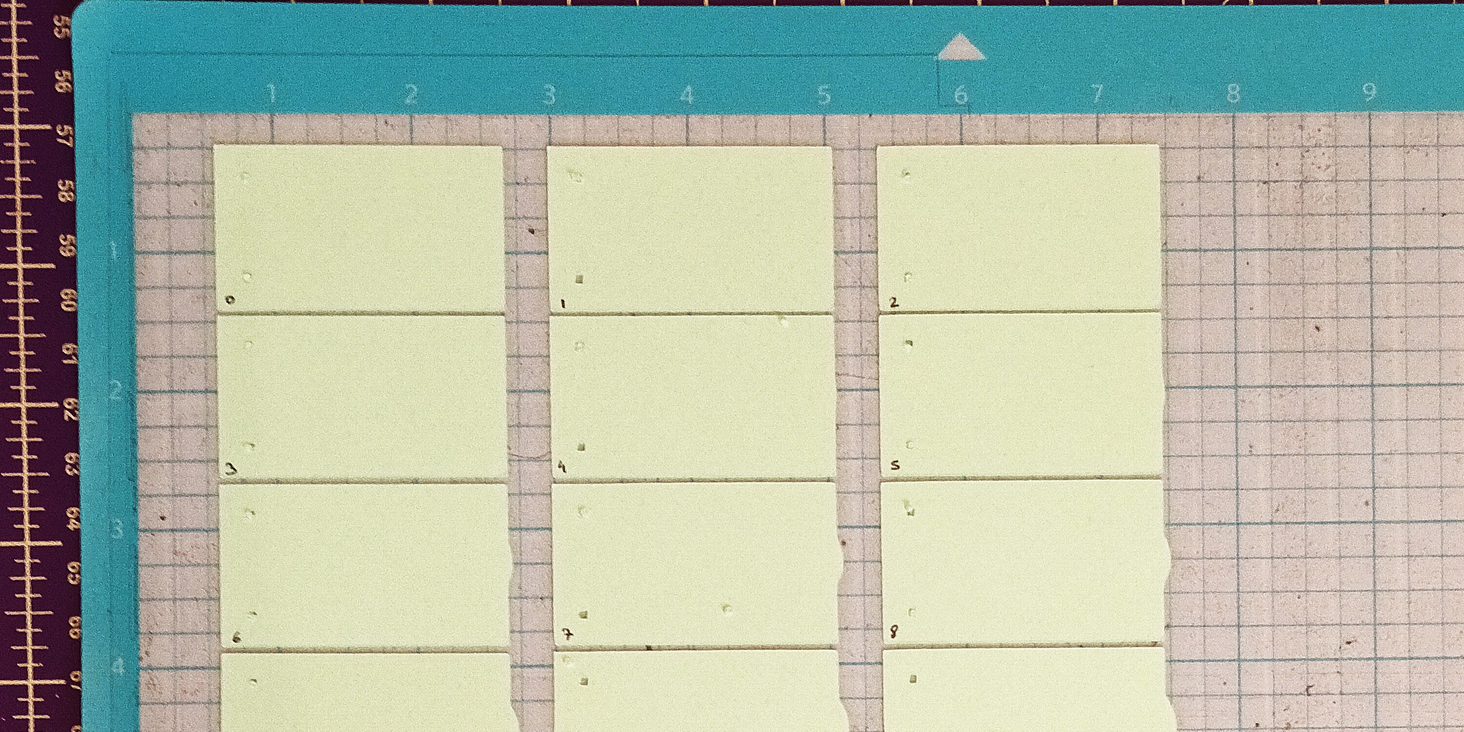 Photo des premiers feuillets verts découpés et numérotés sur le support de découpe