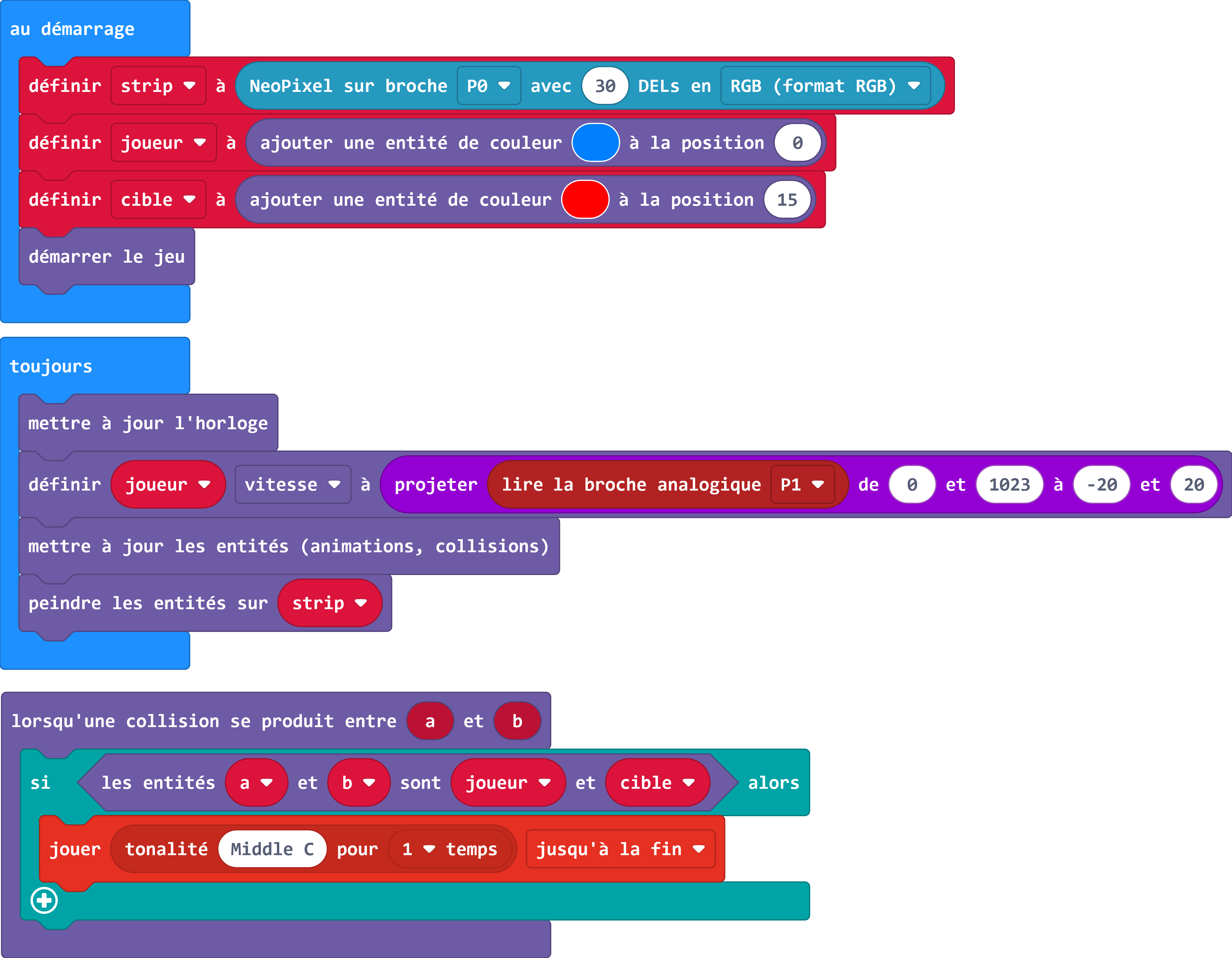 Capture d'écran du code en blocs sur le logiciel MakeCode