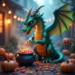 Un dragon donne des bonbons lors d'Halloween