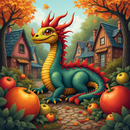 un dragon avec des citrouilles et des pommes multicolores. Il y a des maisons autour et un arbre caché.