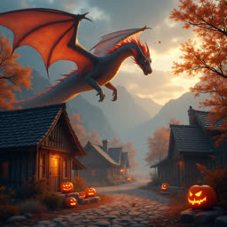 un dragon dans un village avec des maisons en bois et des toits en tuiles en automne lors d'Halloween.