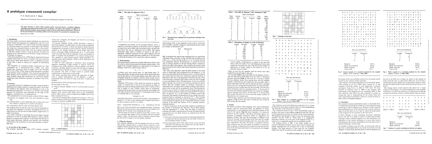 Extraits de l'article A prototype crossword compiler par P. D. Smith et S. Y. Steen